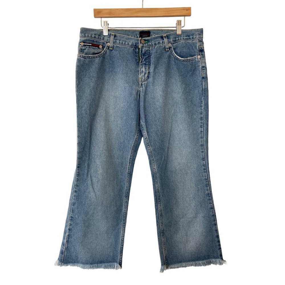 y2k 00s Tommy Jeans Womens Juniors Mid Rise Light Wash Denim Jeans Raw Hem